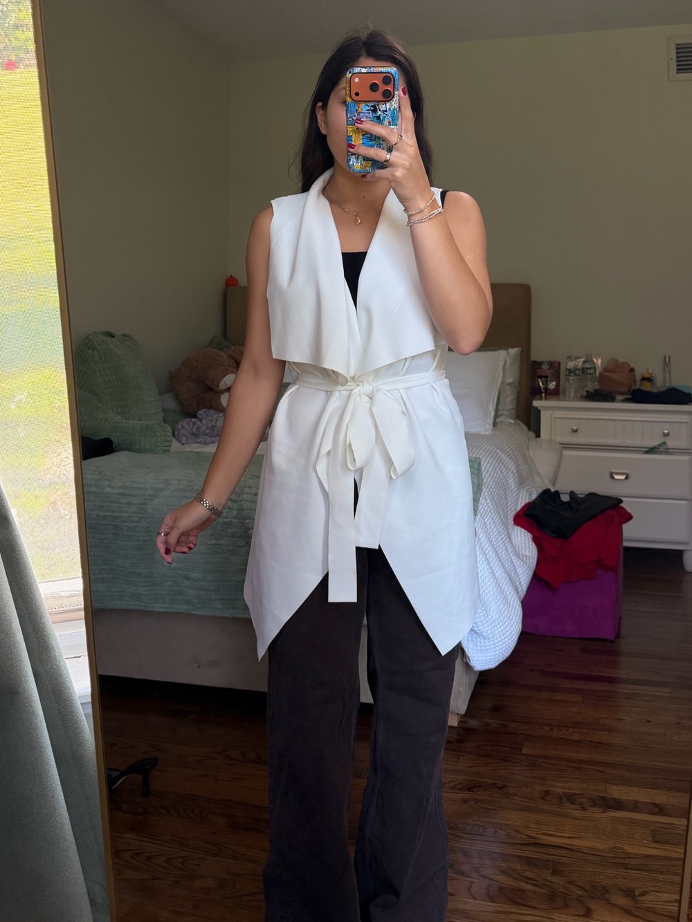White Sleeveless Tie-Waist Long Vest